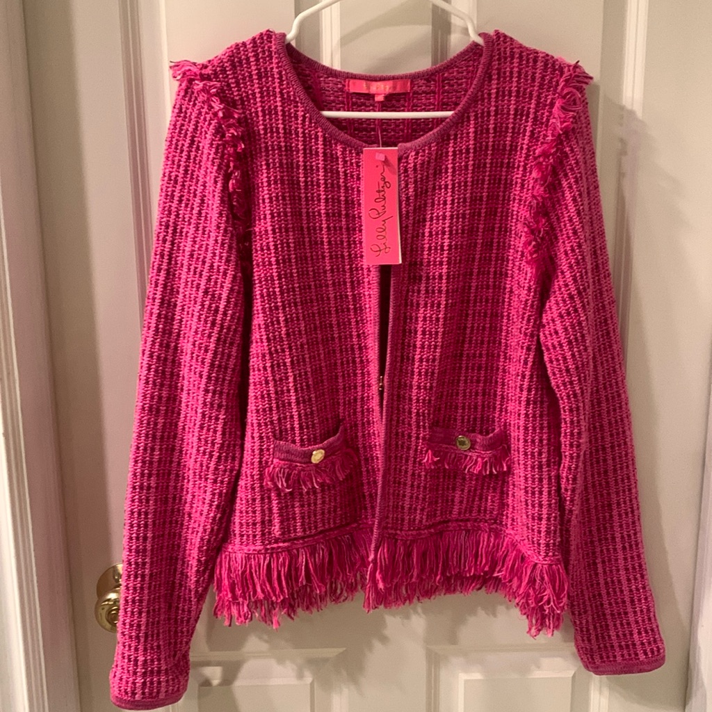 Lilly Pulitzer Chic Sweater Knit Fuscia And Pink Blazer With Gold Buttons Size L